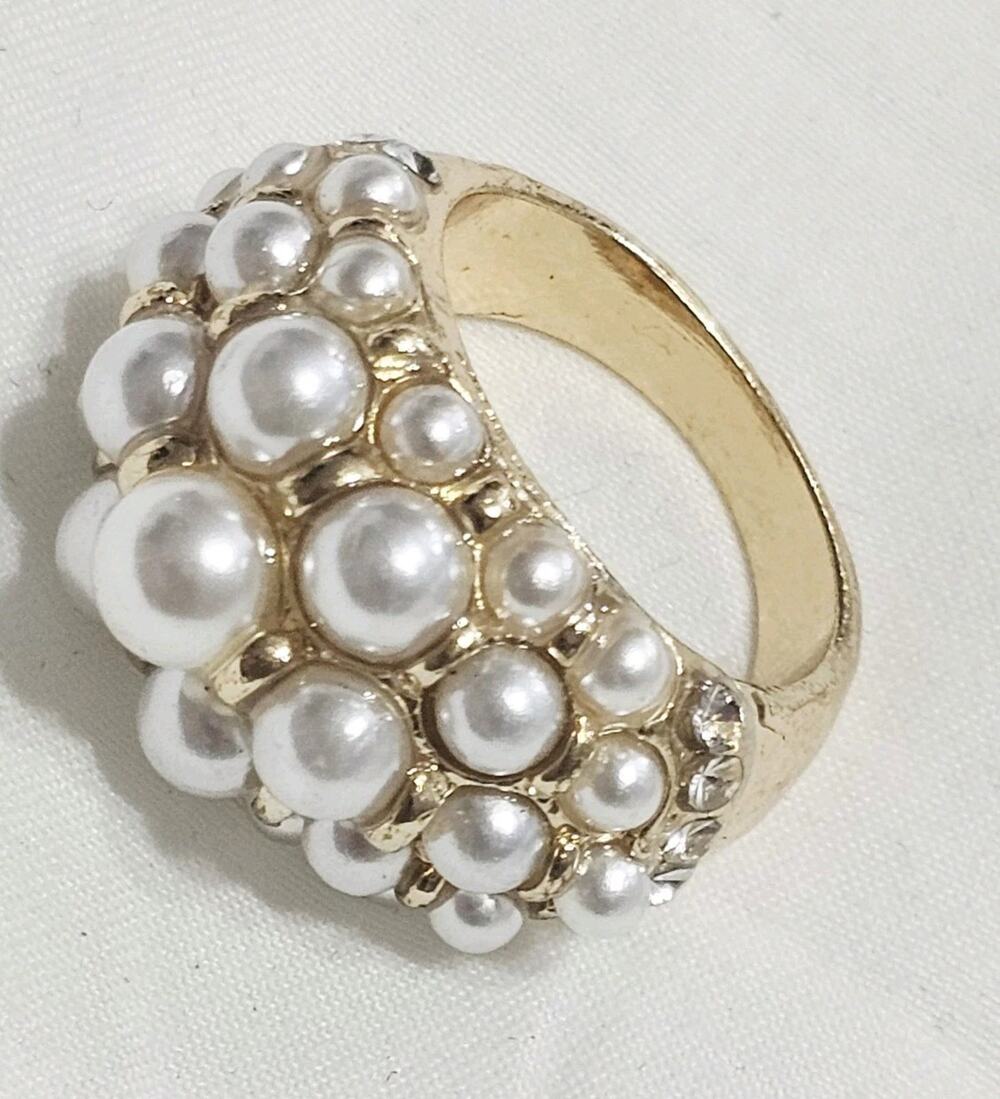 Vintage Pearl And Crystal Domed Cocktail Ring Size 6.75